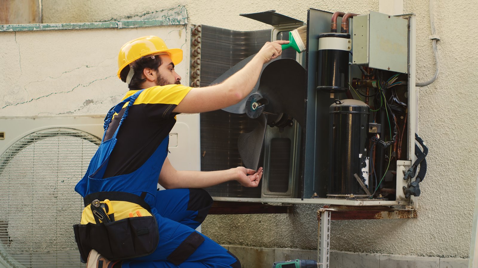 Técnico realizando manutenção em condensadora de ar-condicionado